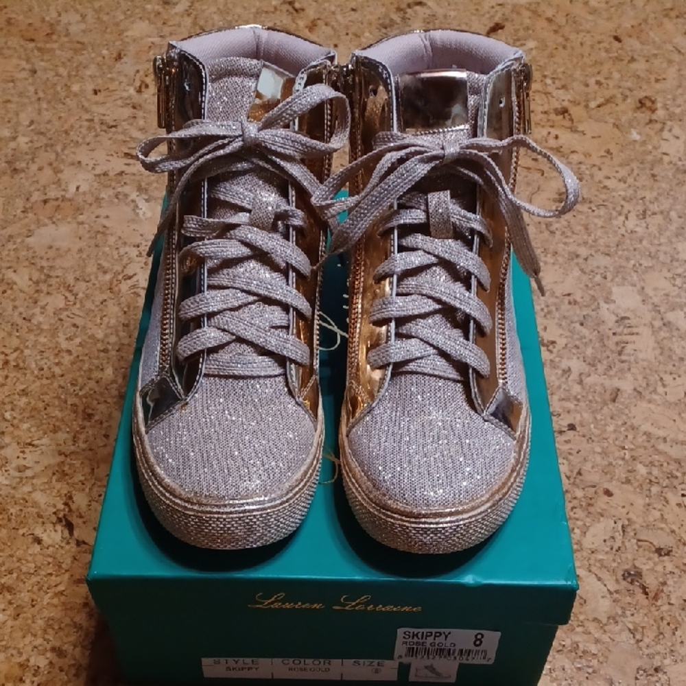 Lauren Lorraine Rose Gold Sparkle Skippy High Top Sneakers Size 8 NIB